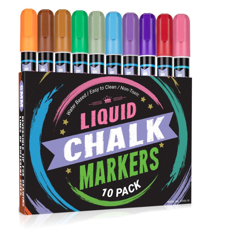 KERIFI Liquid Chalk Markers, Washable & Wet Erase Neon Chalk Pens for Blackboard, Chalkboard, Signs, Glass, Window, Graduation Celebration School, 6mm Reversible Tip (10 Vintage Colors)